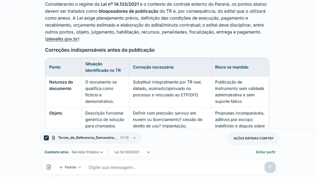 Tela da Publ.IA com o contexto ativo definido como Servidor Público, exibindo correções indispensáveis antes da publicação em formato de tabela.