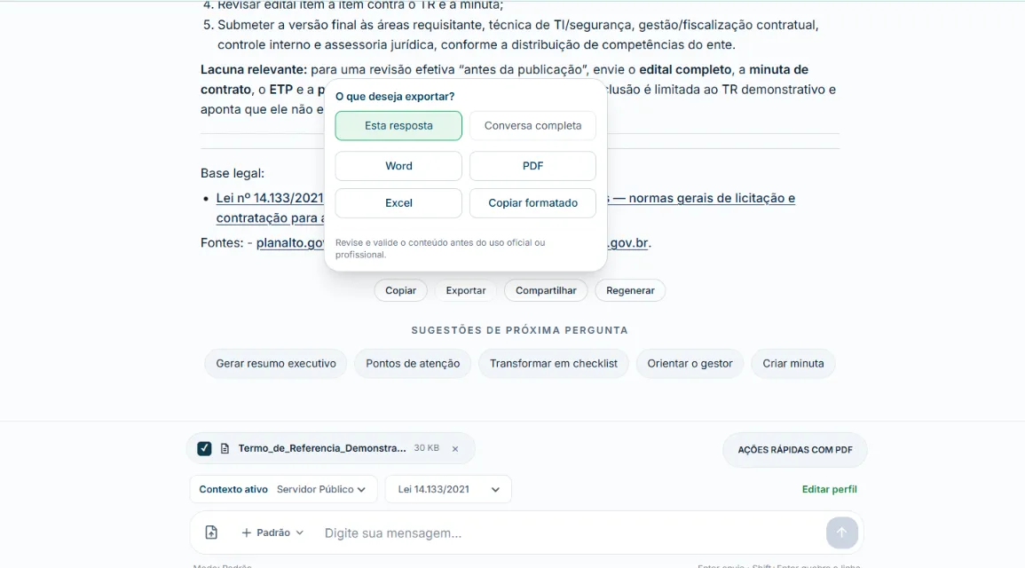 Tela da Publ.IA com o menu de exportação aberto: escolha entre esta resposta e a conversa completa, nos formatos Word, PDF, Excel e copiar formatado.