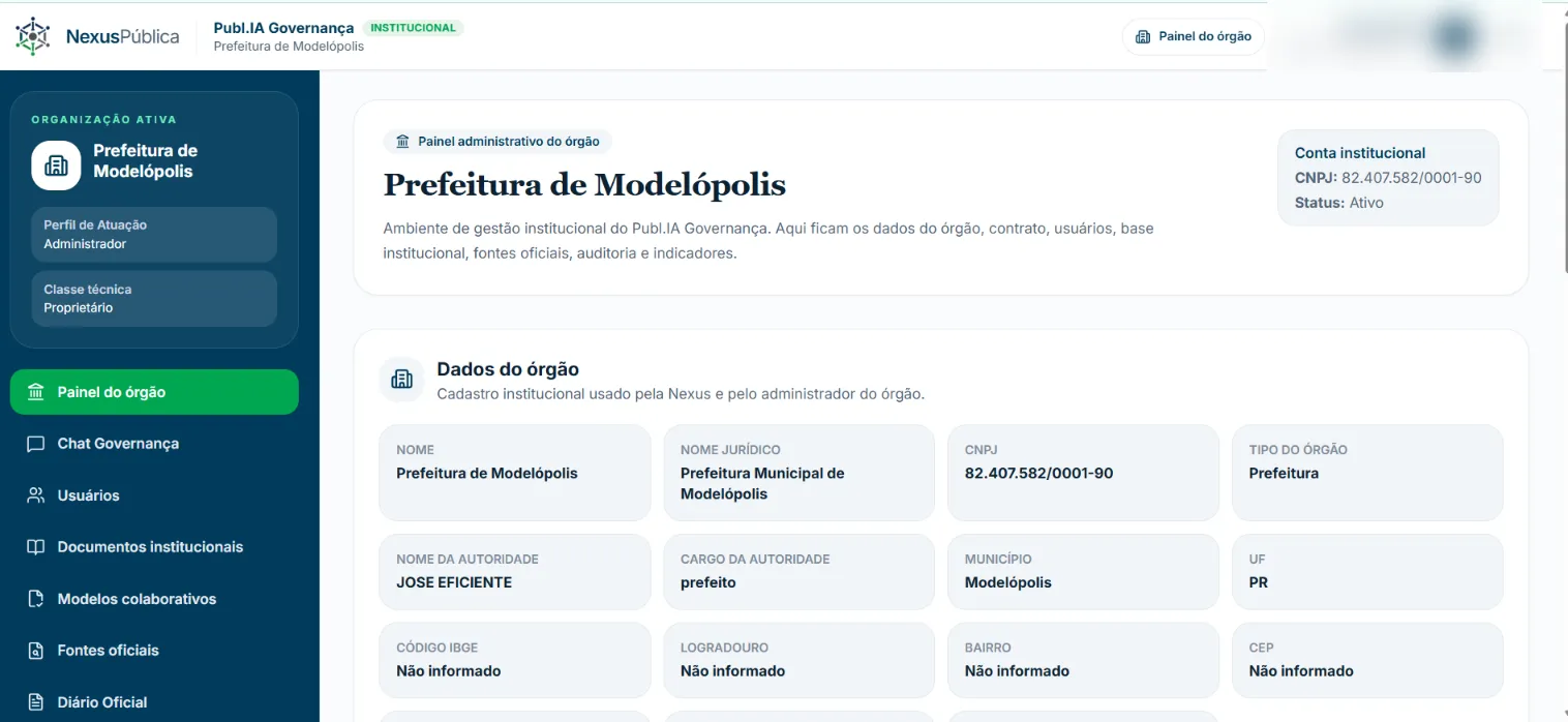 Painel administrativo do órgão na Publ.IA Governança, com os dados cadastrais da Prefeitura de Modelópolis e o menu de módulos institucionais.