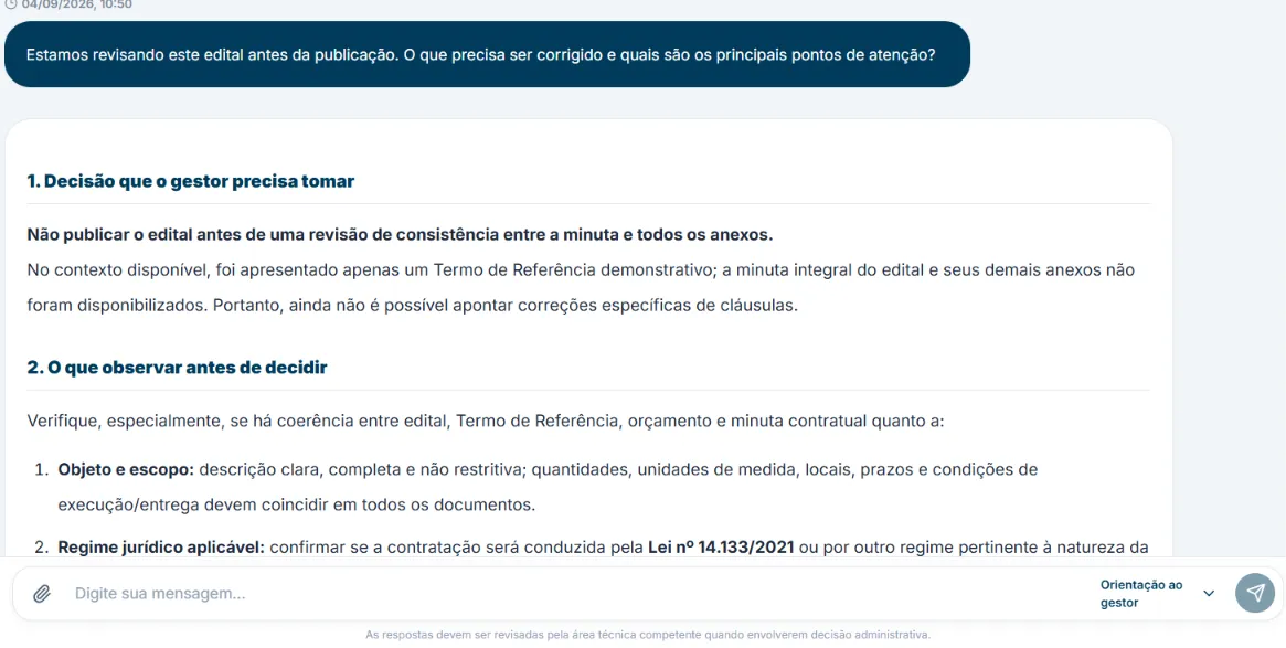 Tela da Publ.IA no modo Orientação ao gestor: a decisão que o gestor precisa tomar e o que observar antes de decidir.