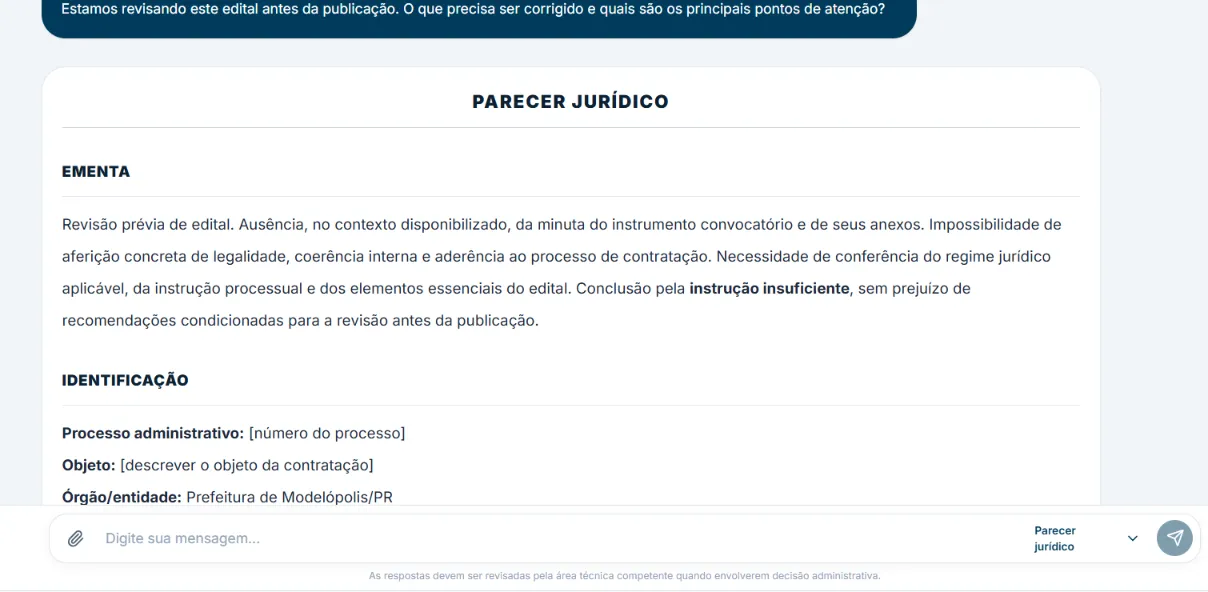 Tela da Publ.IA no modo Parecer jurídico: ementa e identificação do processo, com campos a preencher pelo responsável.