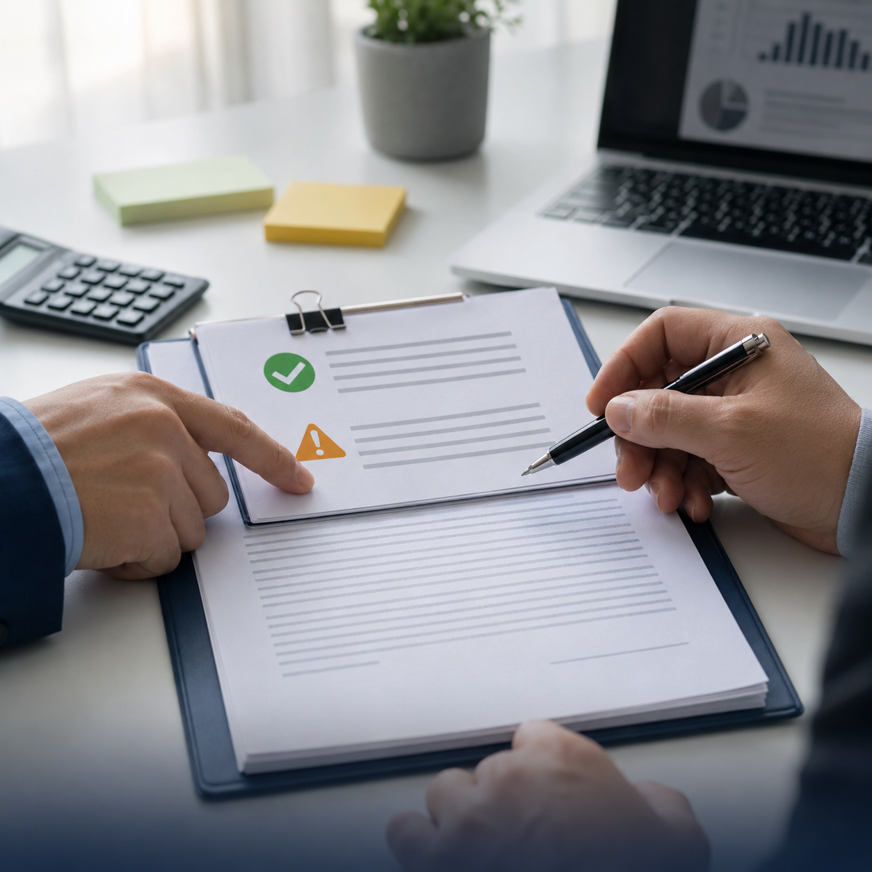 Duas pessoas analisando cláusulas de um contrato sobre a mesa