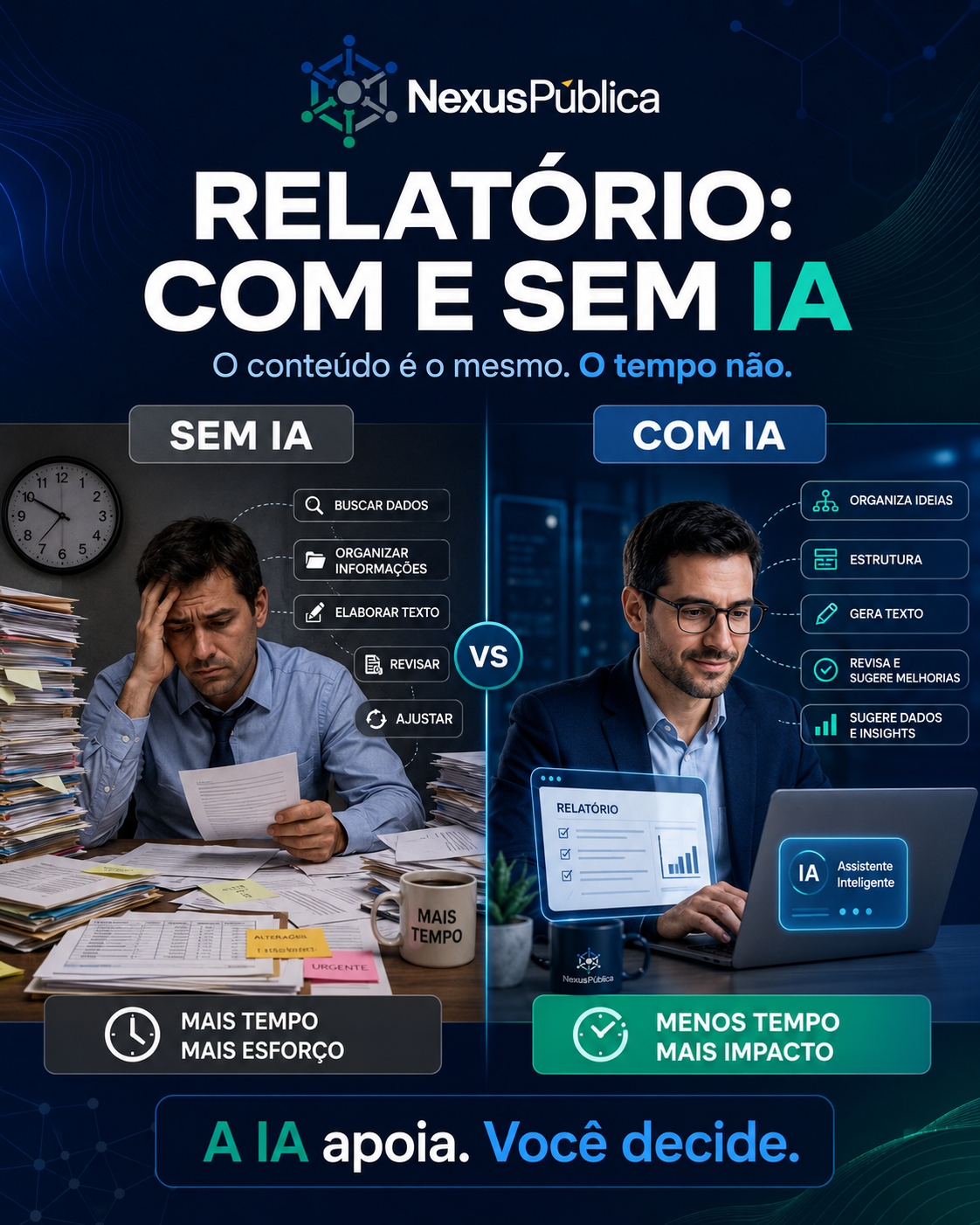 Comparação lado a lado do fluxo de produzir um relatório com e sem IA