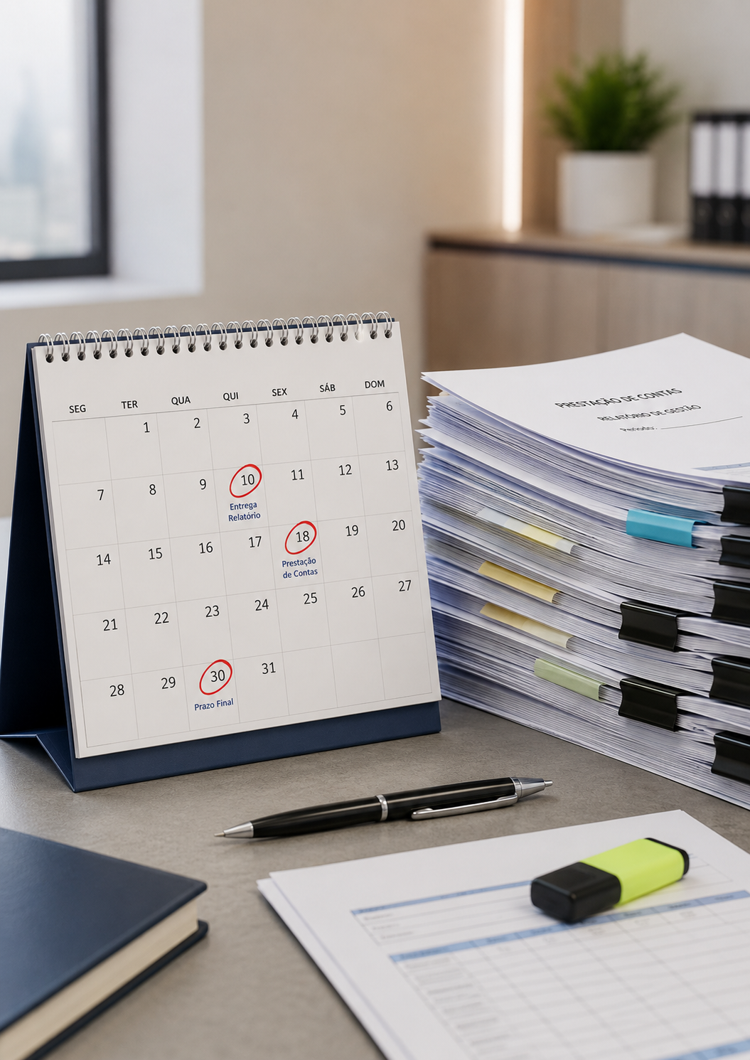 Calendário de mesa com prazos marcados ao lado de pilha de documentos de prestação de contas