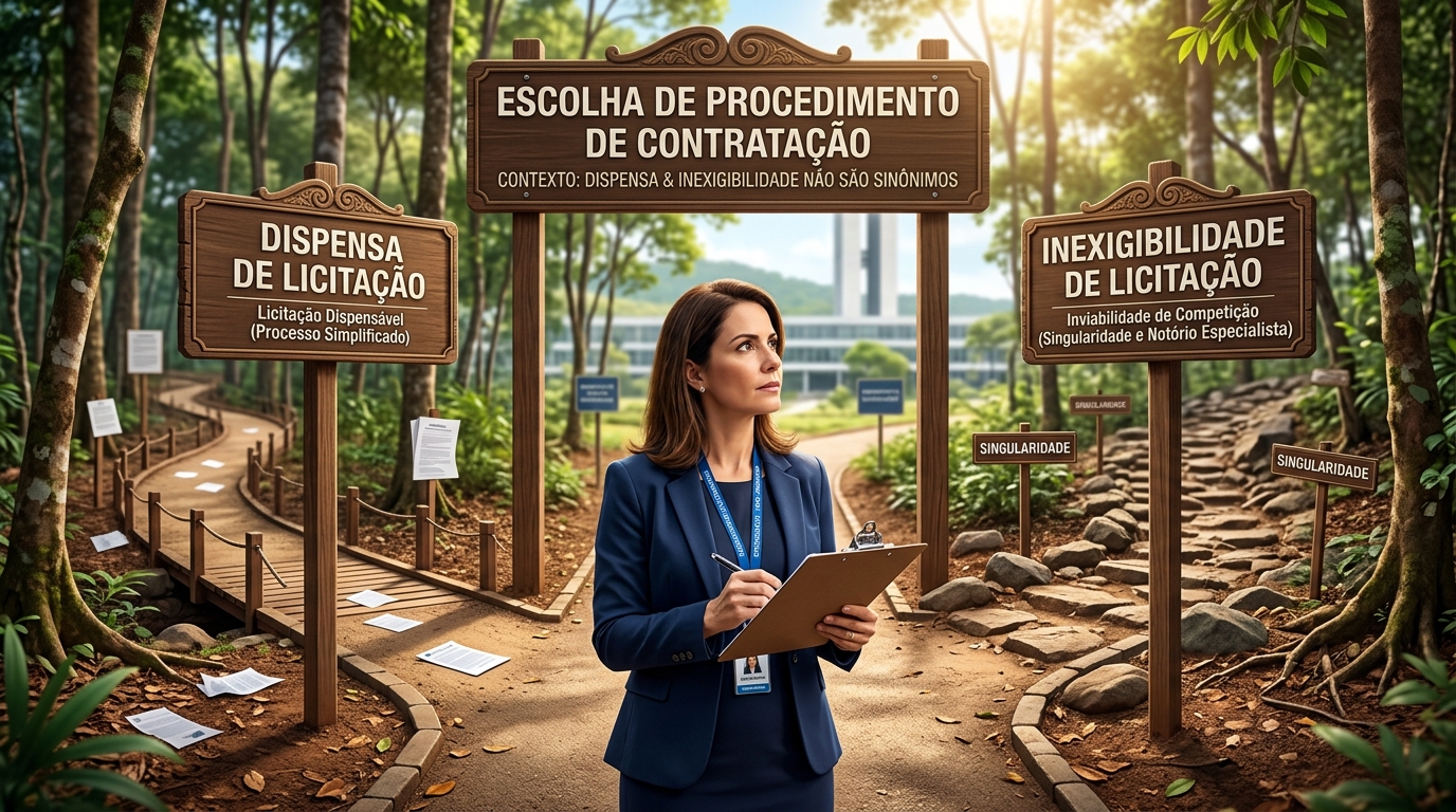 Dois caminhos sinalizados representando escolha de procedimento de contratação