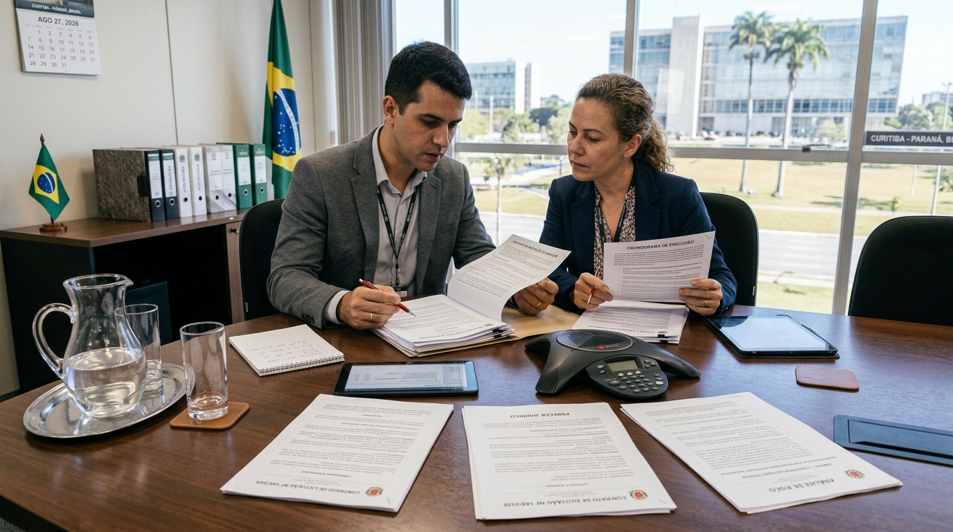 Dois servidores em uma mesa revisando documentos de um mesmo contrato