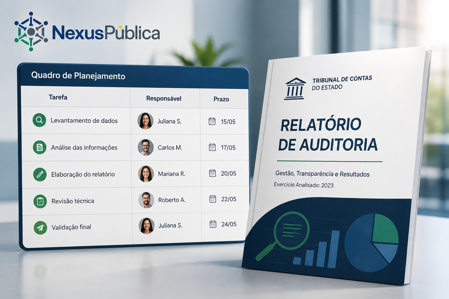Quadro de planejamento com tarefas, responsáveis e prazos ao lado de um relatório do Tribunal de Contas