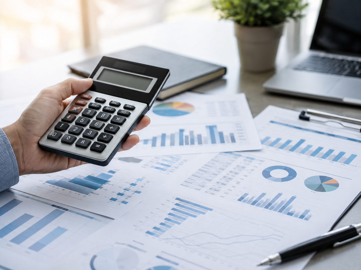 Mão segurando calculadora ao lado de relatórios financeiros impressos sobre a mesa
