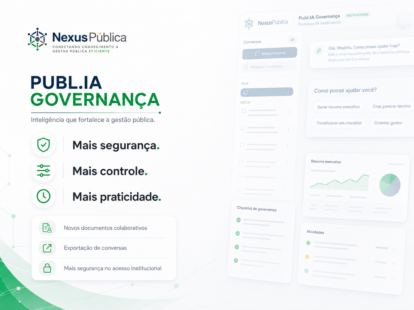 Publ.IA Governança — novos documentos colaborativos, exportação de conversas e melhorias de segurança.